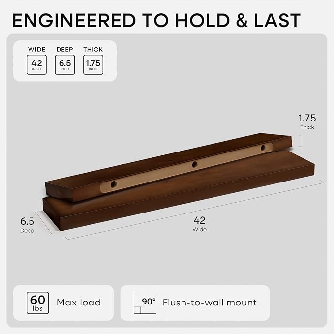 Homeforia Walnut 42 inch Floating Shelves, High End Solid Real Wood 42inch - Image 2