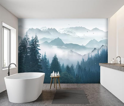 -Foggy Forest Pine Scenery Fabric Wallpaper Living Room Bedroom Bathroom - Image 3