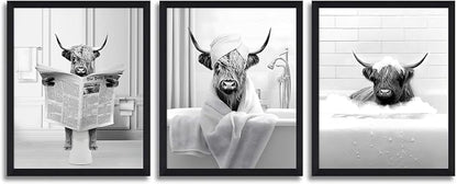 KBKBART Funny Highland Cow Wall Art Set of 3, Rustic Farmhouse Bathroom Cow by KBKBART