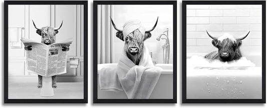 KBKBART Funny Highland Cow Wall Art Set of 3, Rustic Farmhouse Bathroom Cow by KBKBART