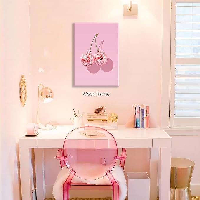 Funky Pink Cherry Poster Retro Disco Ball Canvas Wall Art 12X16 inch Framed - Image 3