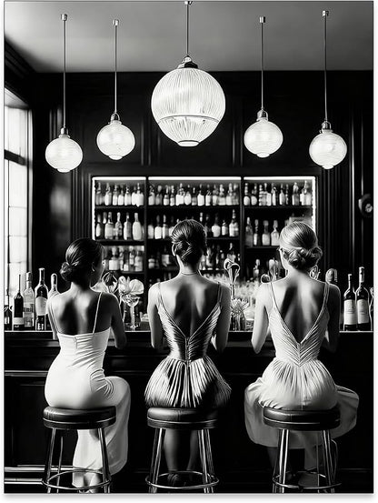 Vintage Black and White Canvas Wall Art Trendy Women Drink Cocktail Posters by FuSatisYilife