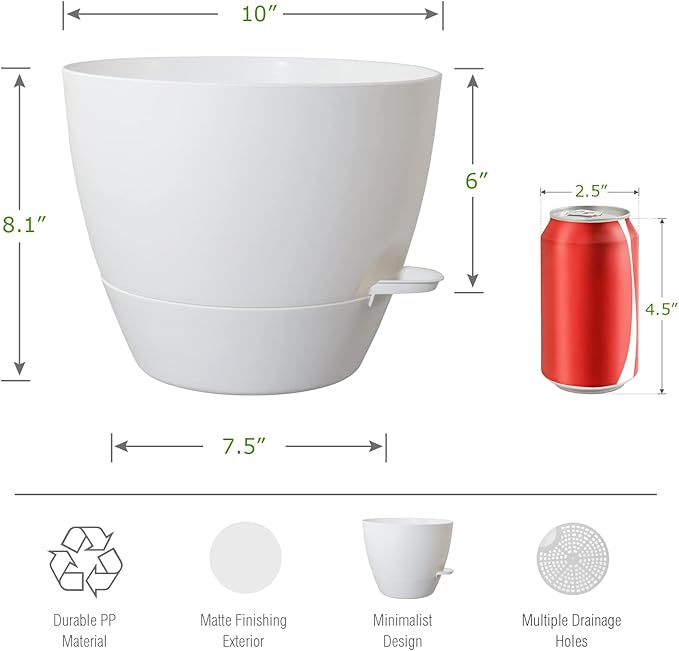 WOUSIWER 10 inch Self Watering Planters, 2 Pack Large Plastic Plant Pots with Deep Reservior and High Drainage Holes for Indoor Outdoor Plants and Flowers, White