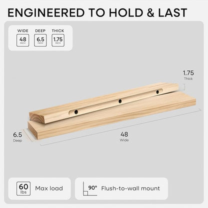 Homeforia 48 inch Natural Floating Shelf, High End Solid Real Wood 48inch Small - Image 3