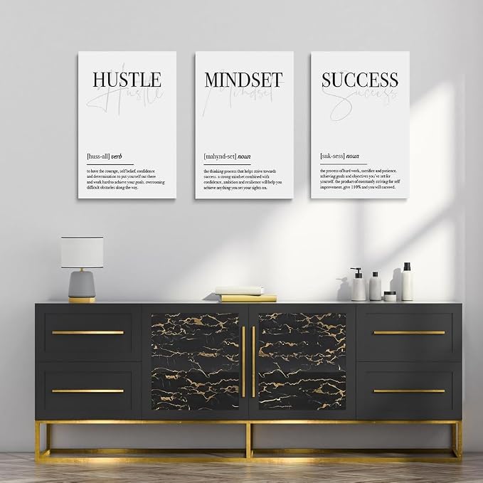 GUBIYU Hustle Mindset Success Wall Art Set of 3 Framed Canvas Black and White - Image 2