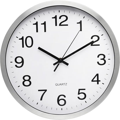 Wall Clock 12 Inch Silver Brushed Finish Silent Non Ticking Indoor Clock Round - Image 2