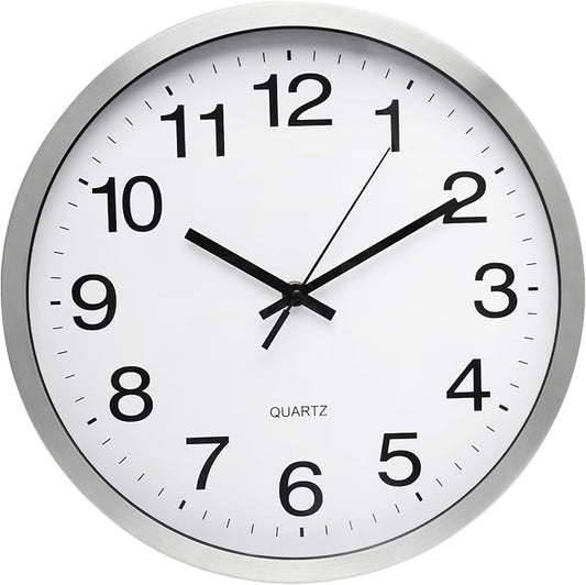 Wall Clock 12 Inch Silver Brushed Finish Silent Non Ticking Indoor Clock Round - Image 2