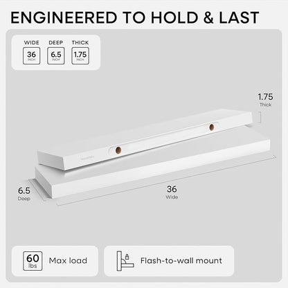 Homeforia White Floating Shelves 36 inch, High End Solid Real Wood 36inch - Image 2