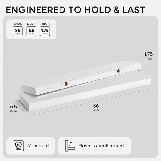 Homeforia White Floating Shelves 36 inch, High End Solid Real Wood 36inch - Image 2