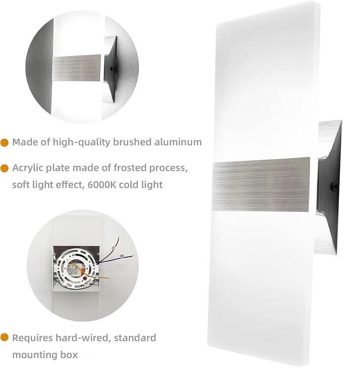 KICAAO Modern Wall Sconces Set of Two, Led Wall Light 10w, 6000k White Light Up - Image 5