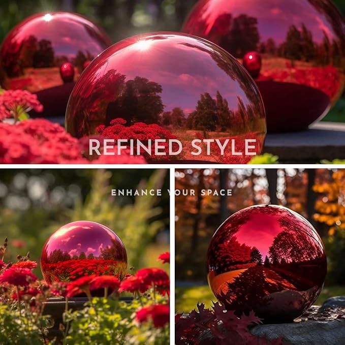 10 Inch Stainless Steel Gazing Globe,v2croft Hollow Ball Mirrored Surface Polished Shiny Sphere,Garden Stainless Steel Gazing Ball for Outdoor Lawn Pond Yard Ornament(red)