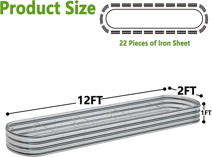 zizin Galvanized Raised Garden Bed Metal Oval Raised Garden Beds Outdoor Planter Box for Vegetables (12x2x1FT, Silver)