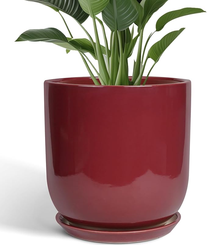 Ceramic Pots for Plants - 12 Inch Plant Pot Indoor with Drainage Hole and Saucer Large Planter Outdoor Flower Pot for Home Patio Office Decor Red