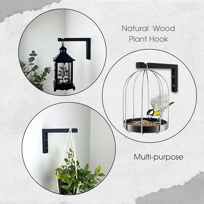 2-Piece Set of Plant Hooks for Wall 6 Inch - L-Shaped Mounted Wooden Plant Hook - Indoor and Outdoor Bracket Plant Hanger for Planters, Lanterns, Bird Feeders and Plant Basket (Black)