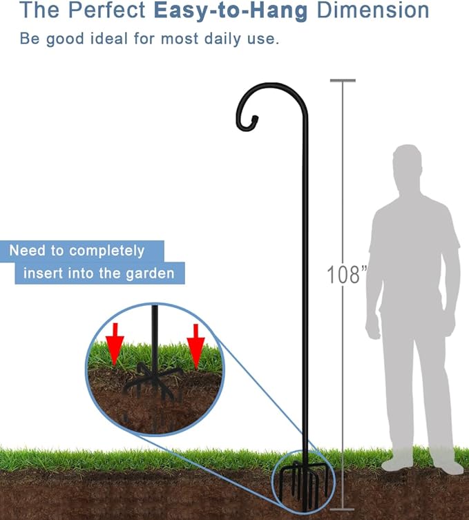 108 inch Outdoor Shepherd Hook with 7 Prong Base (1 Pack), Adjustable Heavy Duty Garden Hanging Stake for Bird Feeder Solar Light Plant Hanger Wedding Decor, Matte Black