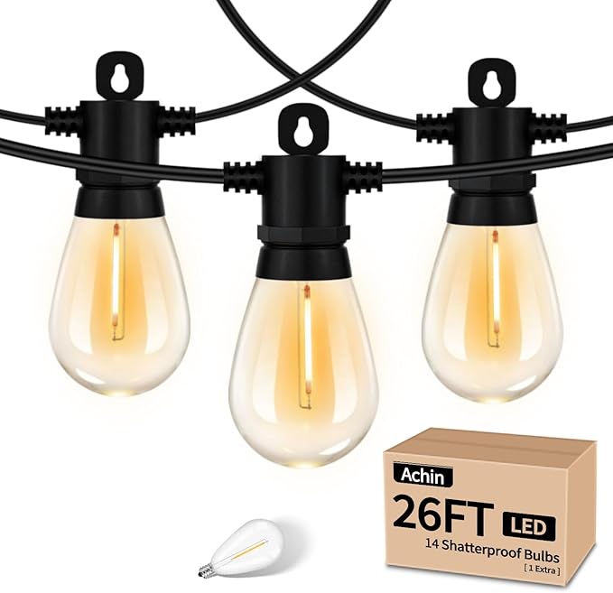 Achin 26FT LED Outdoor String Lights, Patio Lights Waterproof with 13+1 S14 Edison Shatterproof Bulbs, 2200K Dimmable Outside Hanging Lights, String Lights for Outside Backyard Bistro Market Pergola