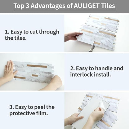 AULIGET 2 Sheets Faux Stone White Marble Peel and Stick Backsplash, PVC Mixed - Image 7