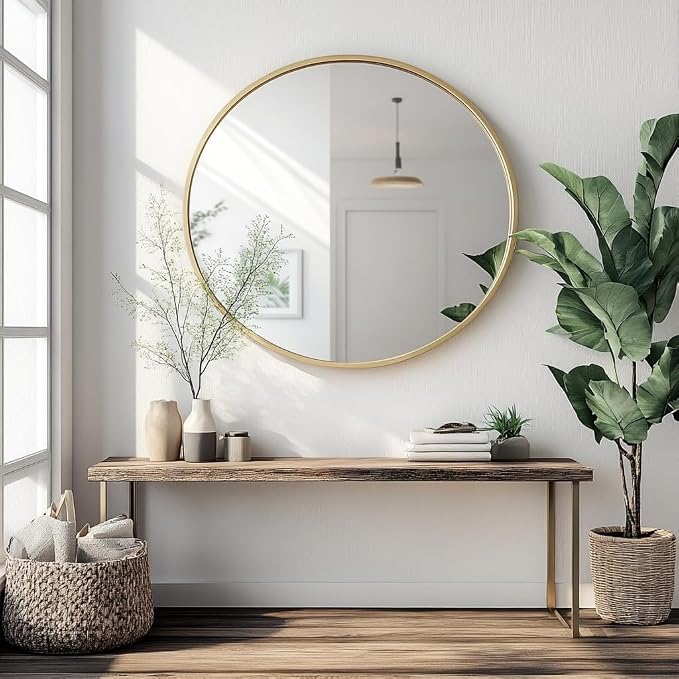 Oruii Gold Round Mirror, Circle Wall Mirrors Metal Frame, Brass Circular Mirrors - Image 4