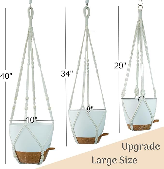 Set of 3 Hanging Planters for Indoor Plants with 10"/8"/7" Self-Watering Hanging Pots, Hanging Plant Pots with Drainage, 3 Different Size Macrame Plant Hangers with Hooks White Large