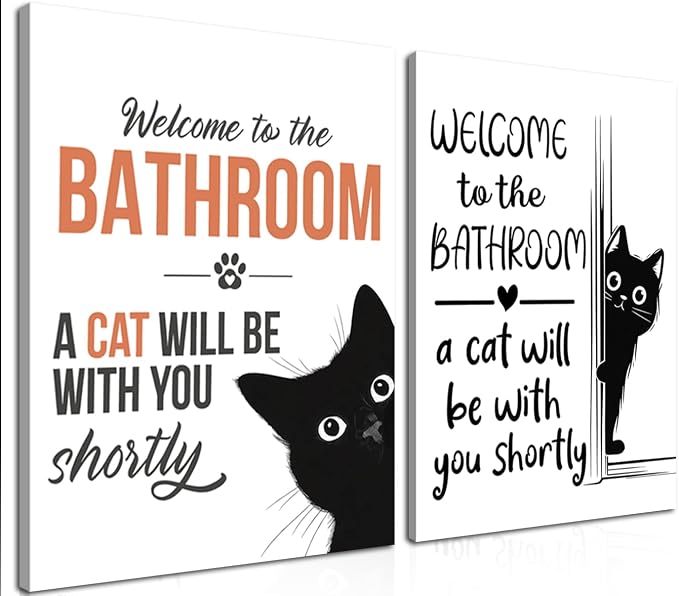 MUWAK Funny Welcome to the Bathroom Slogan Wall Art Set of 2 – Cat will Be by MUWAKWallArt