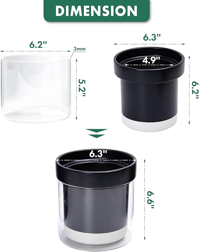 Phoenix Vine 6 Inch Self Watering Terracotta Planter, Black Terracotta Clay Pot with Glass Reservoir for Indoor Plants, Herbs, Flowers, Set of 1, 52-C-F-1