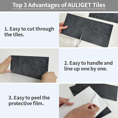AULIGET 6" x 12" Black Slate Peel and Stick Backsplash Wall Tiles, PVC Faux - Image 8