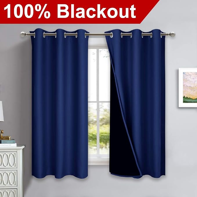 NICETOWN 100% Blackout Curtain Set, Royal Blue, 37W x 50L, Thermal Insulated & - Image 2