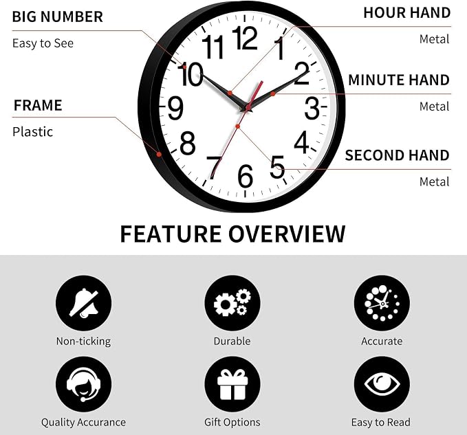 Rohioue 12 Inch Wall Clock Modern Battery Operated Silent Non Ticking Analog - Image 5