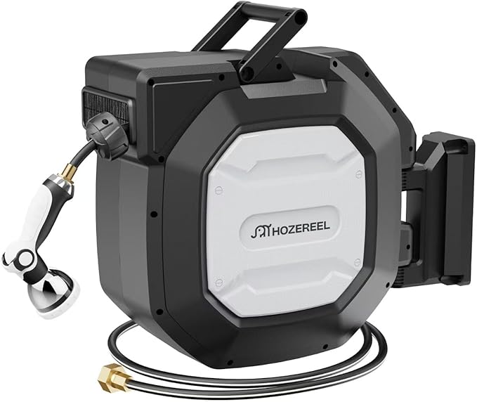 135 ft x 1/2" HOZEREEL Heavy Duty Retractable Garden Hose Reel, Garden Hose Reels Outdoor Organizer- Self Retracting Wall Mount Hose Reel Automatic Recoil Storage, Any Length Lock, 10 Pattern Nozzle