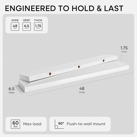 Homeforia White Floating Shelf 48 inches, High End Solid Real Wood 48inch Long - Image 2