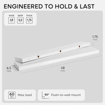Homeforia White Floating Shelf 48 inches, High End Solid Real Wood 48inch Long - Image 2