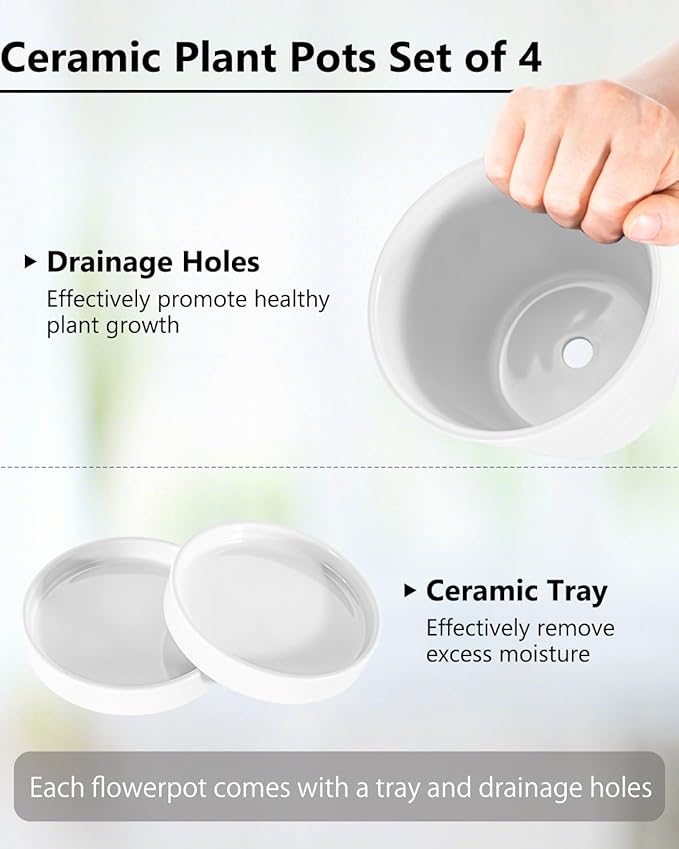 EFISPSS Flower Planter –5 inch Ceramic Plant Pots with Drainage Holes and Ceramic Tray - Gardening Home Desktop Office Windowsill Decoration Gift Set of 4 - Plants NOT Included (White)