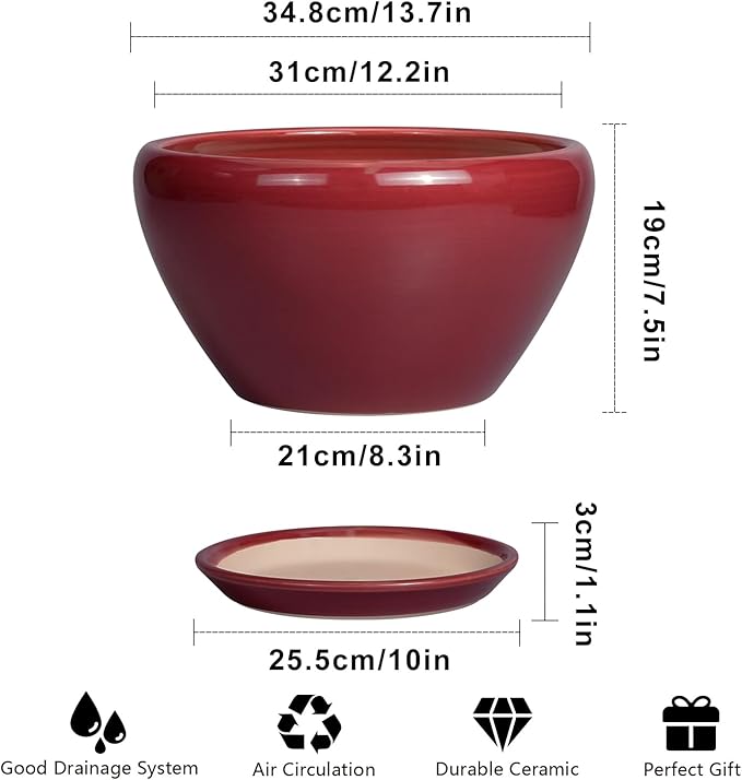 Ceramic Planter - Indoor Plant Pot with Drainage Hole and Saucer 13 Inch Large Pots for Plants Round Modern Outdoor Flower Pot Mid-Century Patio Room Decor Red