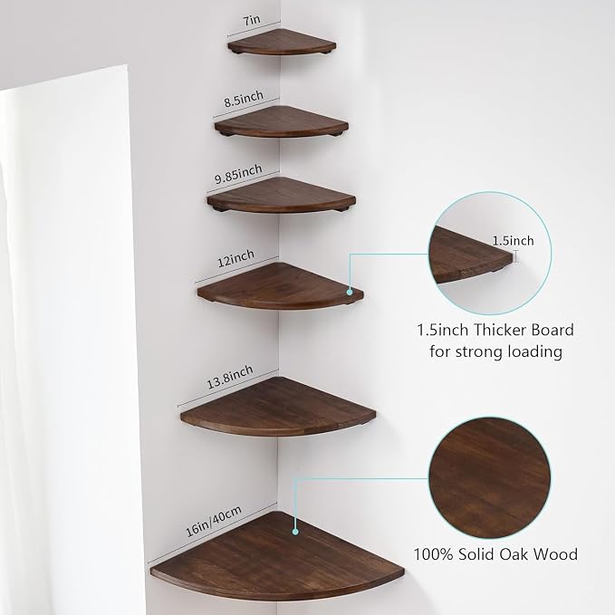 Corner Shelf, 16inch Walnut Solid Wood Floating Corner Shelves Wall Mount Round - Image 5