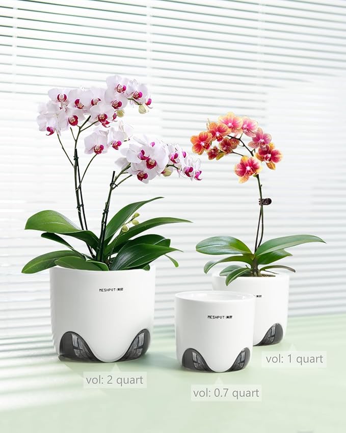 5 inch Orchid Pots with Holes for Repotting with Excellent Airflow, Set of 1, Double Layer Plastic Imitate Ceramic Orchid Planter, Clear Orchid Pot Match Decorative Orchid Container