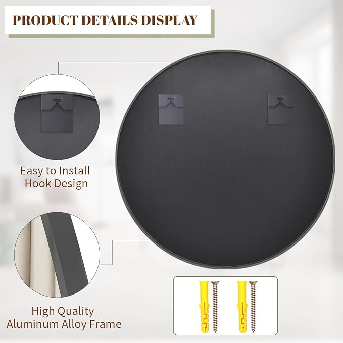 BEAUTYPEAK 24 Inch Round Mirror, Metal Frame Circle Mirror, Wall Mounted - Image 4