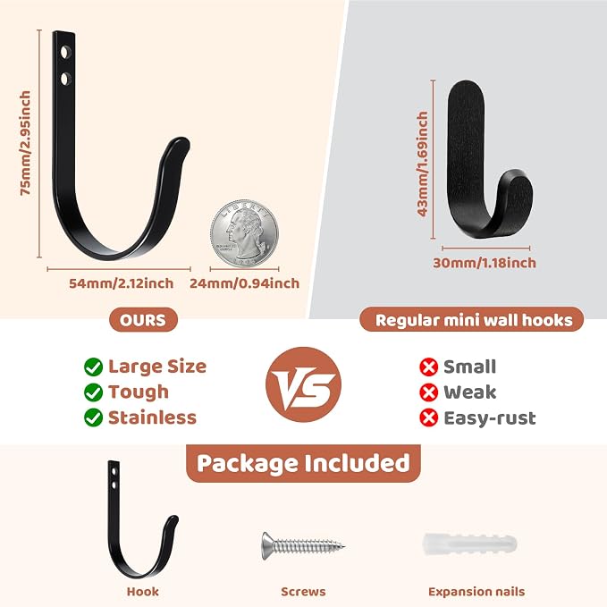Wall Hooks for Hanging, Large Coat Hooks Wall Mount, Heavy Duty Screw in Metal - Image 4