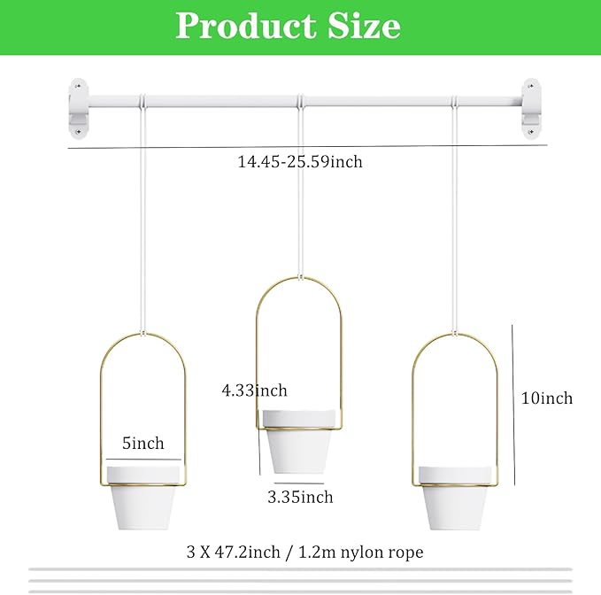 DOUBFIVSY Hanging Planters for Indoor Plants Plant Hanger, Adjustable Hanging Window Planter Hanging Wall Planter for Garden, 25in Plant Shelves Metal Holder Rod with Pots (White)