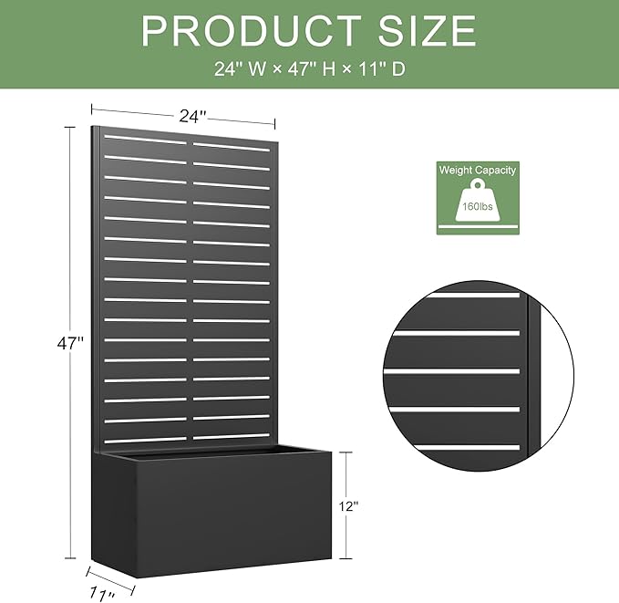 Casaphoria Metal Raised Garden Bed, 47"x24"x12" Planter Box for Climbing Plants, Vegetables & Vines, Features Drainage Holes and Privacy Screen (Black-Louvered)