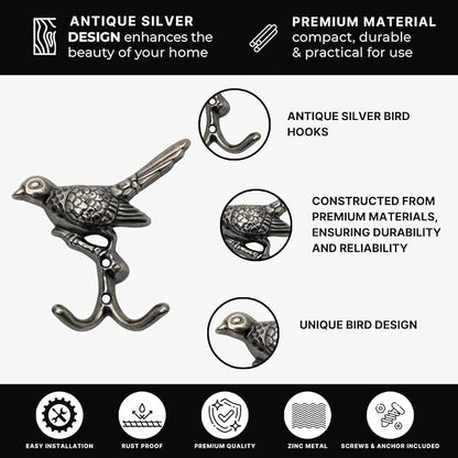 6 pcs Antique Silver Bird Decorative Wall Hooks - Image 5