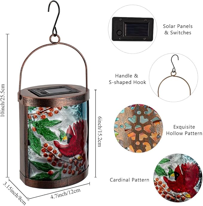 2 Pack Cardinal Solar Lanterns Outdoor Waterproof, Hanging Tabletop Solar Lantern with LED Light for Garden Yard Lawn