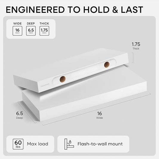 Homeforia White Floating Shelves 16 inch, High End Solid Real Wood 16inch - Image 2