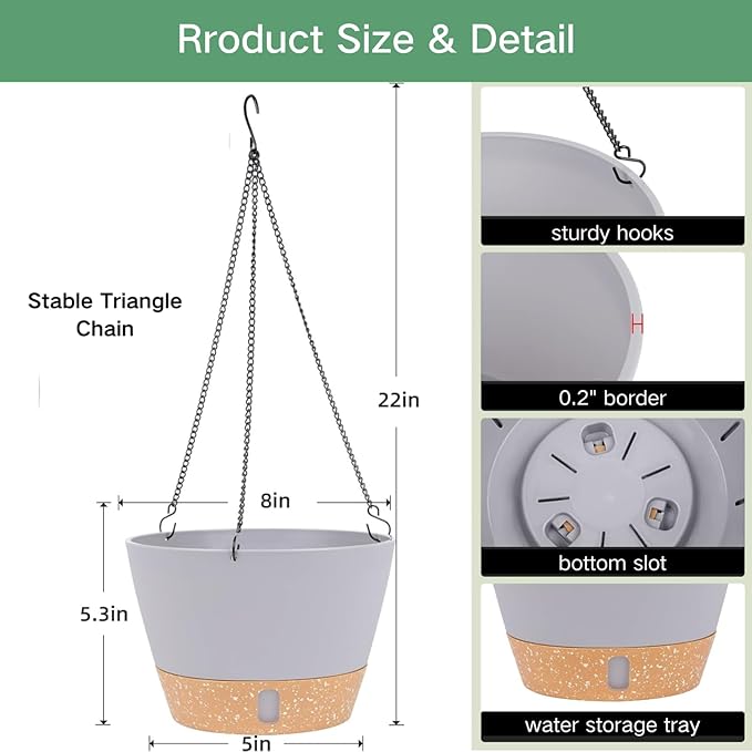 QCQHDU 2 Pack 8 inch Hanging Planters for Indoor Plants, Outdoor Hanging Baskets, Self Watering Pots with Drainage Holes & Removable Tray (Light Grey, 8 inch)