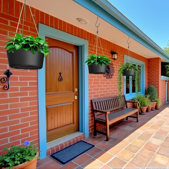 10.7 Inch Hanging Planter for Outdoor Indoor Plants，2 Pack Hanging Flower Pots with Drain Holes for Garden Home Decor Use (Black)