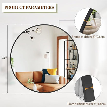 BEAUTYPEAK 24 Inch Round Mirror, Metal Frame Circle Mirror, Wall Mounted - Image 3
