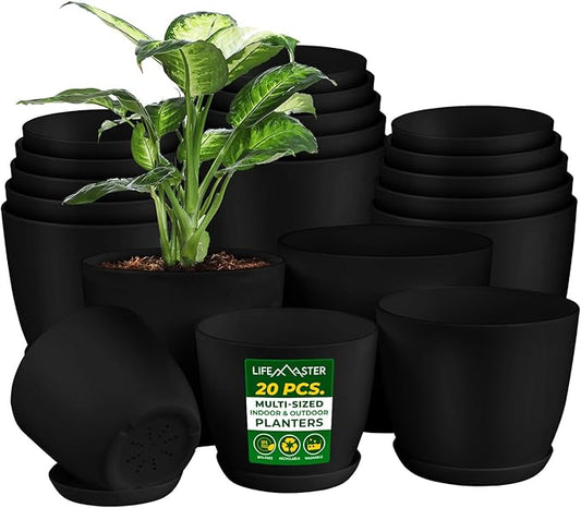 Plant Pots with Multi Drainage Holes - 20 Pieces Versatile, Sturdy Plastic, Stackable Design Home Decor Flower Pots for Indoor and Outdoor Gardening - Black