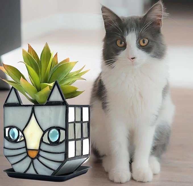 Gray Cat Glass Planter, Cat Plant Pots Indoor, Unique Small Gray Cat Planter, Glass Gap Automatic Drainage System and Base Saucer, Window Sill Cat Decoration Gift,4.6x5.15x2.3IN (Gray)