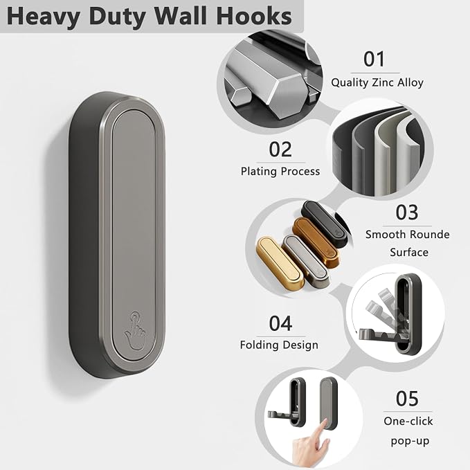6PCS Foldable Wall Hooks, Zinc Alloy Flip Down Hooks, Retractable Wall Hooks - Image 2