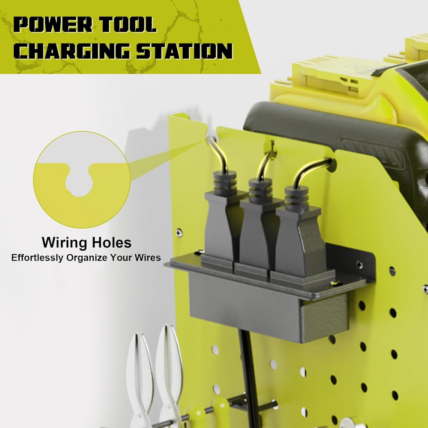 Power Tool Organizer Wall Mount with Charging Station, Expanded Width Tool Organizer for Garage Organization Max. 200lb Load, Heavy Duty Cordless Drill Holder with Outlet Power Strips