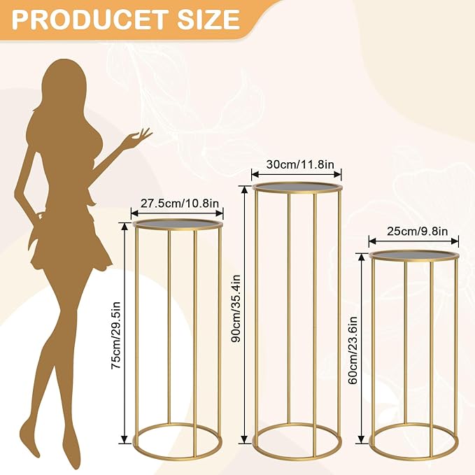chamvis Gold Metal Plant Stand, 3 Pcs Tall Cylinder Pedestal Stands for Parties and Weddings, Gold Round Cylinder Tables for Living Room and Patio Decor